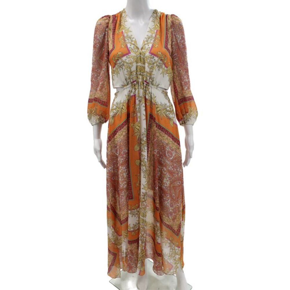 Maje Women V-Neck Paisley Maxi Dress Orange 3/4 Sleeve Bohemian Size 36